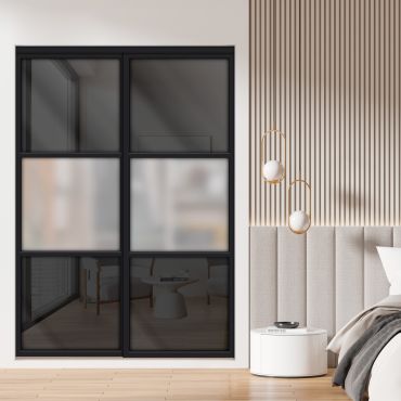  3 Panel Closet Door with Frosted Glass and Black Glass Painted Panel Insert SD-1791