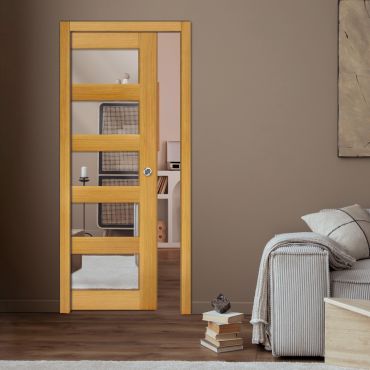 New Zealand Oak Pocket Door With Design Panels And Mirror Insert PWGD - 0765
