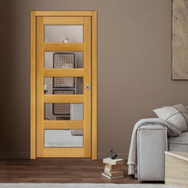 New Zealand Oak Pocket Door With Design Panels And Mirror Insert PWGD - 0765