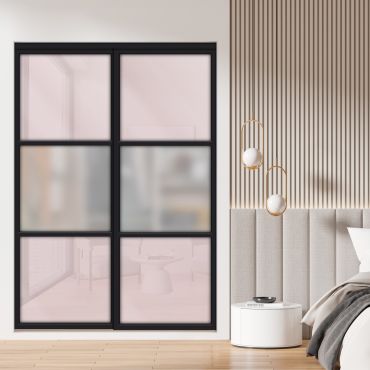  3 Panel Closet Door with Frosted Glass and Rose Blush Glass Painted Panel Insert SD-1792