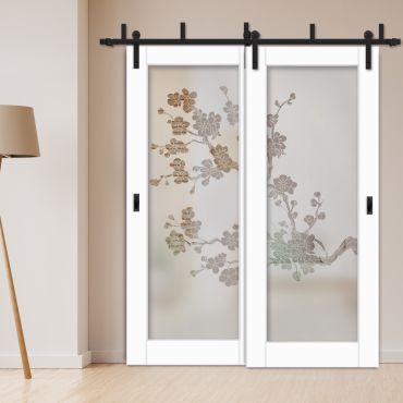 2 Leaf Sliding Barn Bypass Doors with Glass Insert BGD-0394