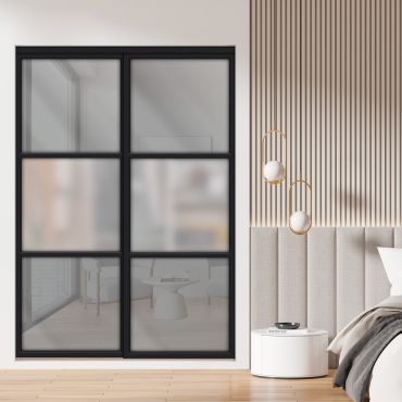  3 Panel Closet Door with Frosted Glass and Slate Mine Glass Painted Panel Insert SD-1793