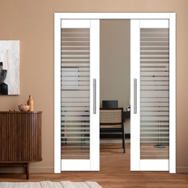 Double Pocket Sliding Wooden Door with Glass Insert & Frosted Design PWD-2271