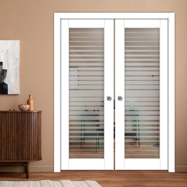 Double Pocket Sliding Wooden Door with Glass Insert & Frosted Design PWD-2271