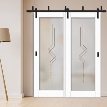 2 Leaf Sliding Barn Bypass Doors with Glass Insert BGD-1147