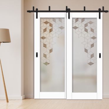 2 Leaf Sliding Barn Bypass Doors with Glass Insert BGD-1152