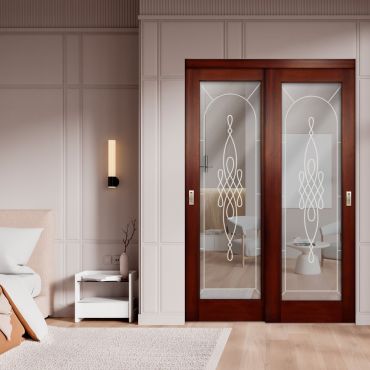 2 Leaf Sliding Closet Barn Door with Mirror & Frosted Design MBSD-1592