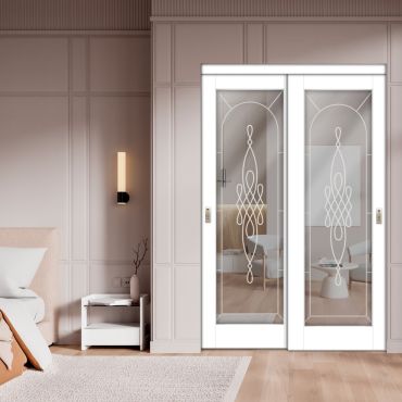 2 Leaf Sliding Closet Barn Door with Mirror & Frosted Design MBSD-1592