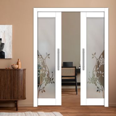 Double Pocket Sliding Wooden Door with Glass Insert & Frosted Design PWD-2275