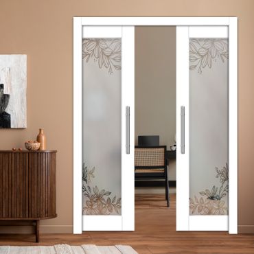 Double Pocket Sliding Wooden Door with Glass Insert & Frosted Design PWD-2277