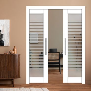 Double Pocket Sliding Wooden Door with Glass Insert & Frosted Design PWD-2279