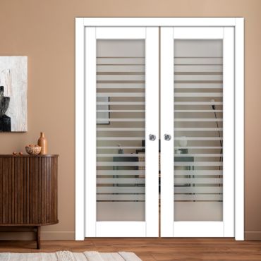 Double Pocket Sliding Wooden Door with Glass Insert & Frosted Design PWD-2279