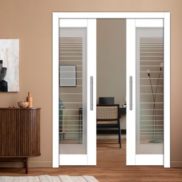 Double Pocket Sliding Wooden Door with Glass Insert & Frosted Design PWD-2281