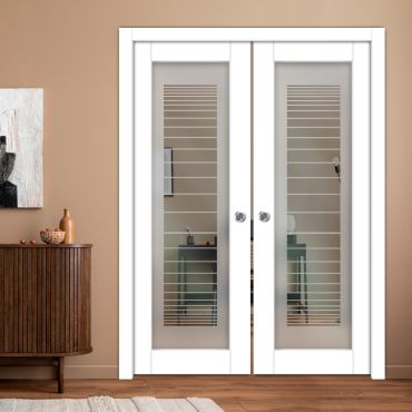 Double Pocket Sliding Wooden Door with Glass Insert & Frosted Design PWD-2281