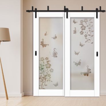 2 Leaf Sliding Barn Bypass Doors with Glass Insert BGD-1161
