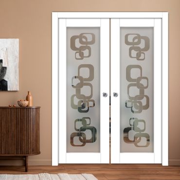 Double Pocket Sliding Wooden Door with Glass Insert & Frosted Design PWD-2283