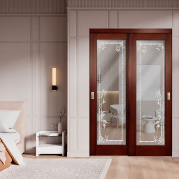 2 Leaf Sliding Closet Barn Door with Mirror & Frosted Design MBSD-1593