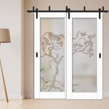 2 Leaf Sliding Barn Bypass Doors with Glass Insert BGD-0396