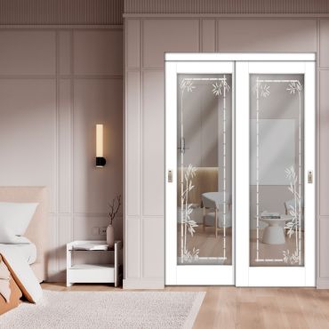 2 Leaf Sliding Closet Barn Door with Mirror & Frosted Design MBSD-1593