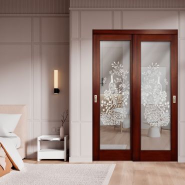 2 Leaf Sliding Closet Barn Door with Mirror & Frosted Design MBSD-1594