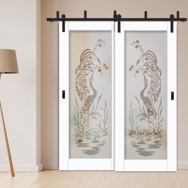 2 Leaf Sliding Barn Bypass Doors with Glass Insert BGD-0397