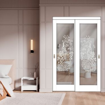 2 Leaf Sliding Closet Barn Door with Mirror & Frosted Design MBSD-1594