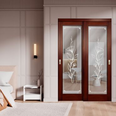 2 Leaf Sliding Closet Barn Door with Mirror & Frosted Design MBSD-1595