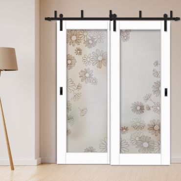 2 Leaf Sliding Barn Bypass Doors with Glass Insert BGD-0398