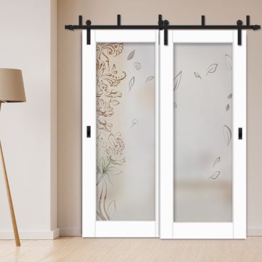 2 Leaf Sliding Barn Bypass Doors with Glass Insert BGD-0399