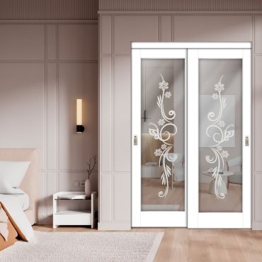 2 Leaf Sliding Closet Barn Door with Mirror & Frosted Design MBSD-1596