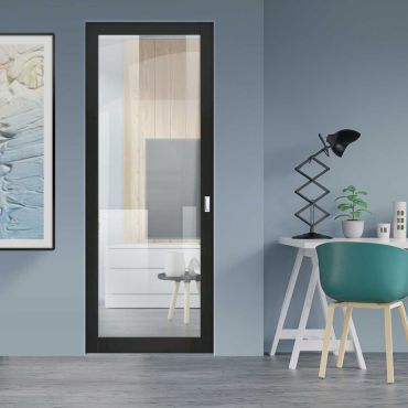 Industrial Style Wooden Pocket Door with Glass 1 Panel ISPD - 0244