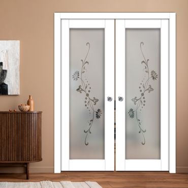 Double Pocket Sliding Wooden Door with Glass Insert & Frosted Design PWD-0951