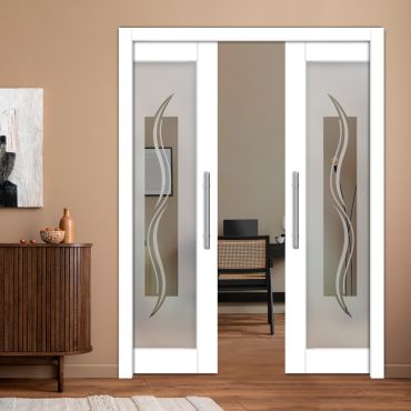 Double Pocket Sliding Wooden Door with Glass Insert & Frosted Design PWD-0992