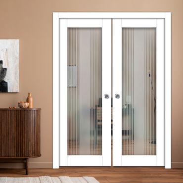 Double Pocket Sliding Wooden Door with Glass Insert & Frosted Design PWD-0975